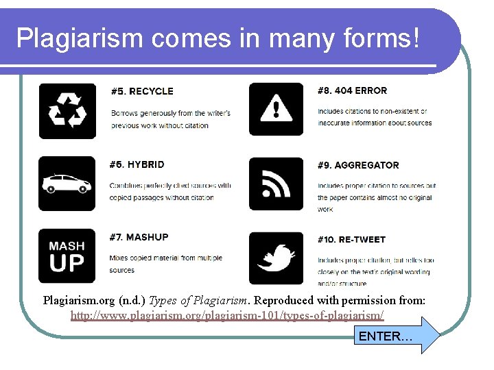 Plagiarism comes in many forms! Plagiarism. org (n. d. ) Types of Plagiarism. Reproduced