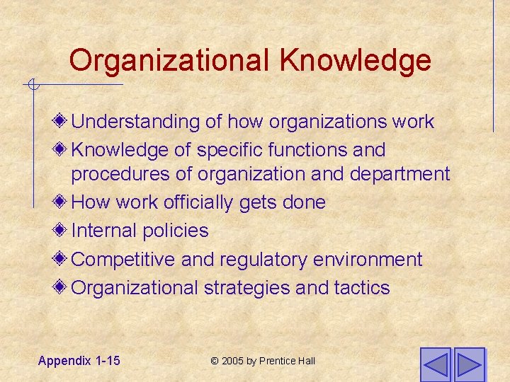 Organizational Knowledge Understanding of how organizations work Knowledge of specific functions and procedures of