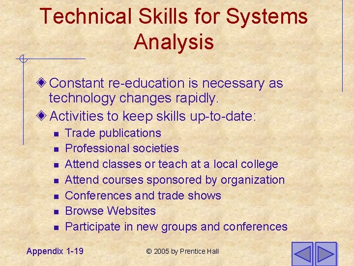 Technical Skills for Systems Analysis Constant re-education is necessary as technology changes rapidly. Activities