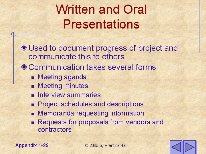 Written and Oral Presentations Used to document progress of project and communicate this to