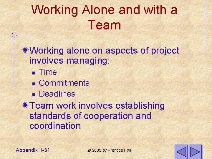 Working Alone and with a Team Working alone on aspects of project involves managing: