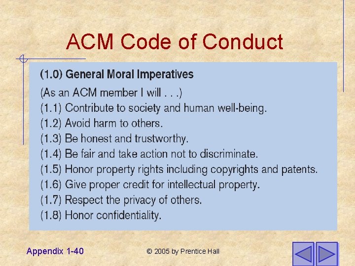 ACM Code of Conduct Appendix 1 -40 © 2005 by Prentice Hall 
