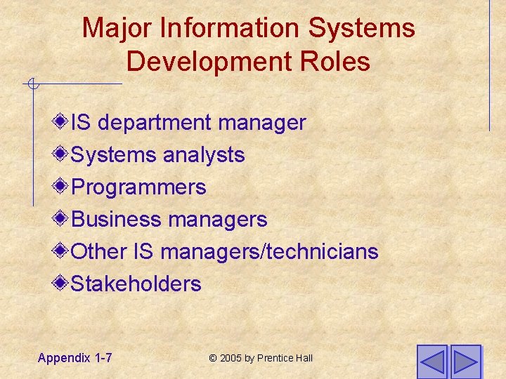 Major Information Systems Development Roles IS department manager Systems analysts Programmers Business managers Other