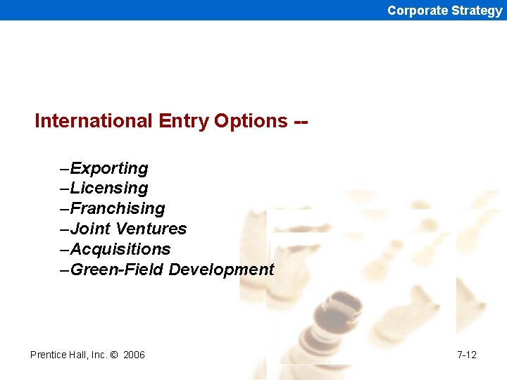 Corporate Strategy International Entry Options -–Exporting –Licensing –Franchising –Joint Ventures –Acquisitions –Green-Field Development Prentice