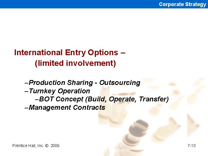 Corporate Strategy International Entry Options – (limited involvement) –Production Sharing - Outsourcing –Turnkey Operation