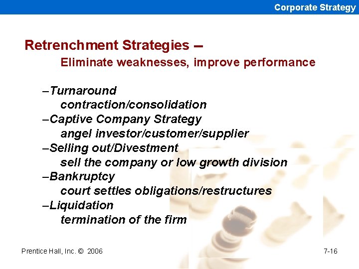 Corporate Strategy Retrenchment Strategies -Eliminate weaknesses, improve performance –Turnaround contraction/consolidation –Captive Company Strategy angel