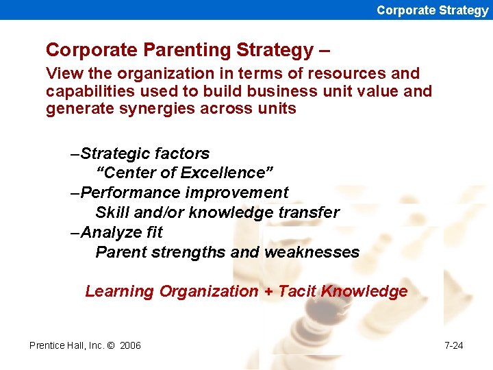 Corporate Strategy Corporate Parenting Strategy – View the organization in terms of resources and