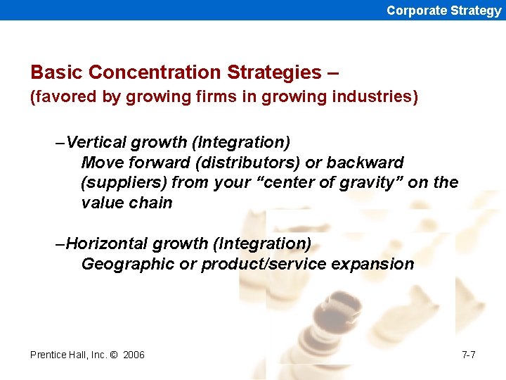 Corporate Strategy Basic Concentration Strategies – (favored by growing firms in growing industries) –Vertical