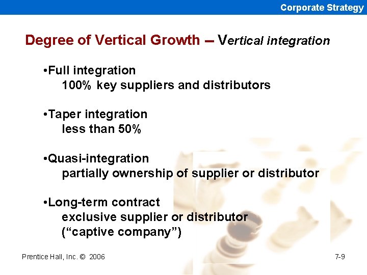 Corporate Strategy Degree of Vertical Growth -- Vertical integration • Full integration 100% key