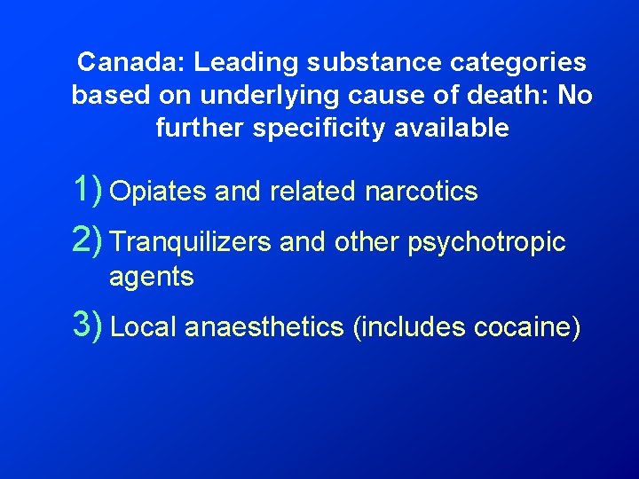 Canada: Leading substance categories based on underlying cause of death: No further specificity available