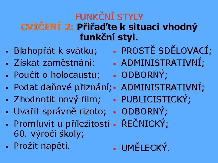 FUNKČNÍ STYLY CVIČENÍ 2: Přiřaďte k situaci vhodný funkční styl. § § § §