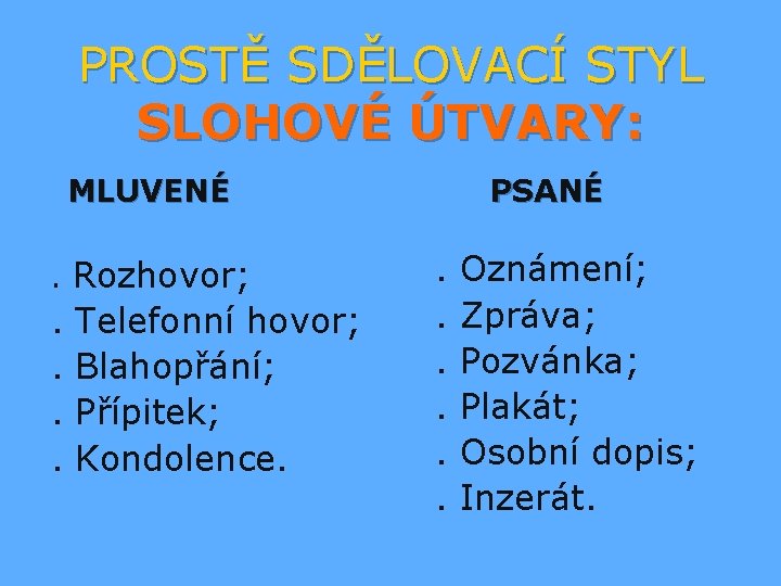 PROSTĚ SDĚLOVACÍ STYL SLOHOVÉ ÚTVARY: MLUVENÉ. Rozhovor; . . Telefonní hovor; Blahopřání; Přípitek; Kondolence.