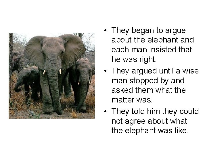 • They began to argue about the elephant and each man insisted that