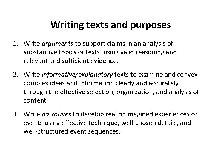 Writing texts and purposes 1. Write arguments to support claims in an analysis of Writing texts and purposes 1. Write arguments to support claims in an analysis of