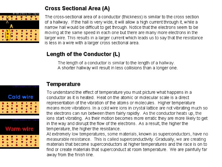 Cross Sectional Area (A) The cross-sectional area of a conductor (thickness) is similar to