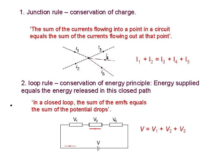 1. Junction rule – conservation of charge. ‘The sum of the currents flowing into