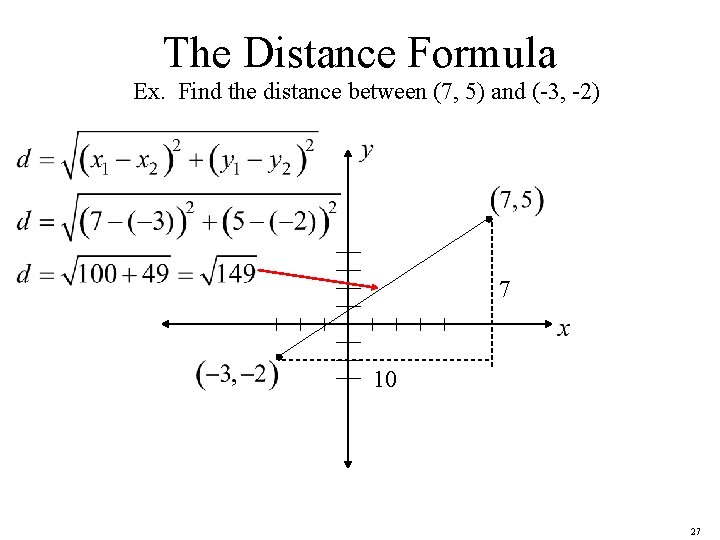 The Distance Formula Ex. Find the distance between (7, 5) and (-3, -2) 7