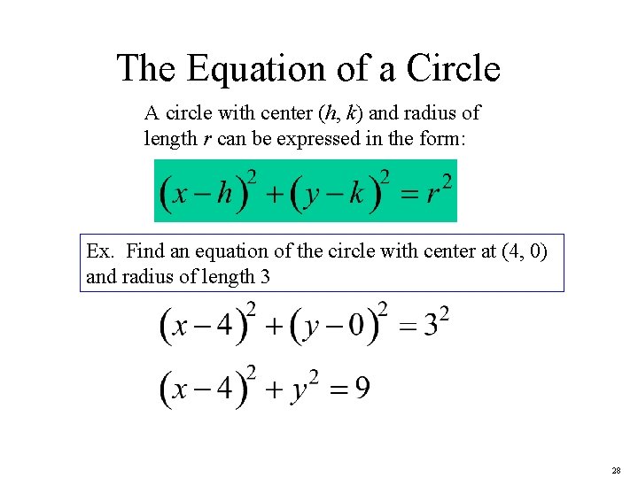 The Equation of a Circle A circle with center (h, k) and radius of