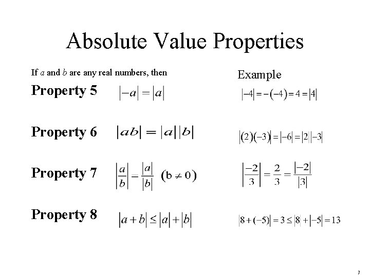 Absolute Value Properties If a and b are any real numbers, then Example Property