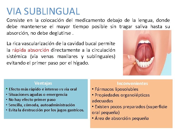 VIA SUBLINGUAL Consiste en la colocación del medicamento debajo de la lengua, donde debe