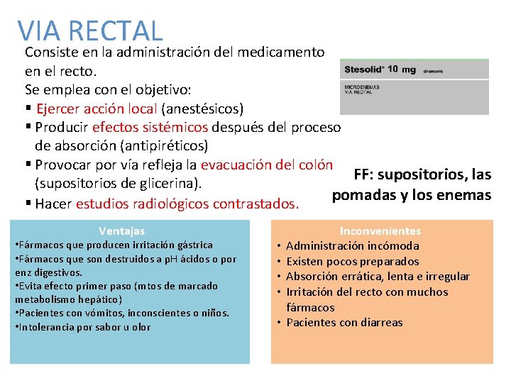 VIA RECTAL Consiste en la administración del medicamento en el recto. Se emplea con