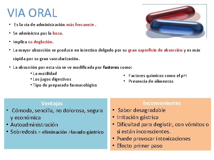 VIA ORAL • Es la vía de administración más frecuente. • Se administra por