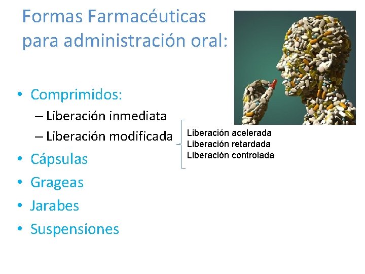 Formas Farmacéuticas para administración oral: • Comprimidos: – Liberación inmediata – Liberación modificada •