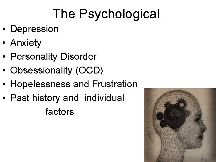 The Psychological • • • Depression Anxiety Personality Disorder Obsessionality (OCD) Hopelessness and Frustration
