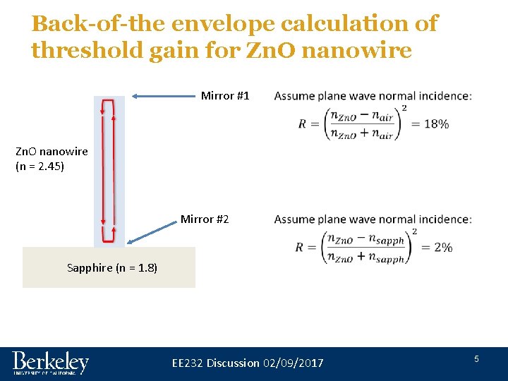Back-of-the envelope calculation of threshold gain for Zn. O nanowire Mirror #1 Zn. O