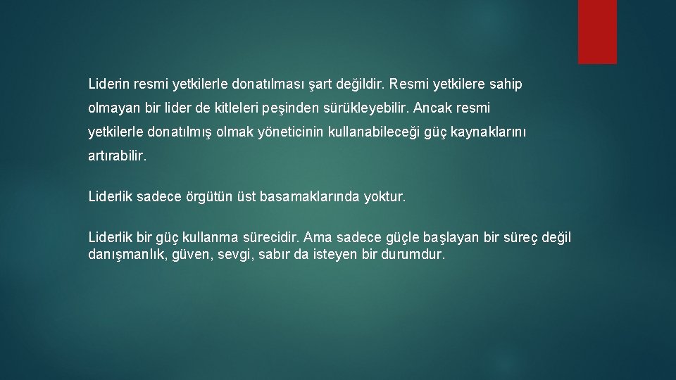  Liderin resmi yetkilerle donatılması şart değildir. Resmi yetkilere sahip olmayan bir lider de