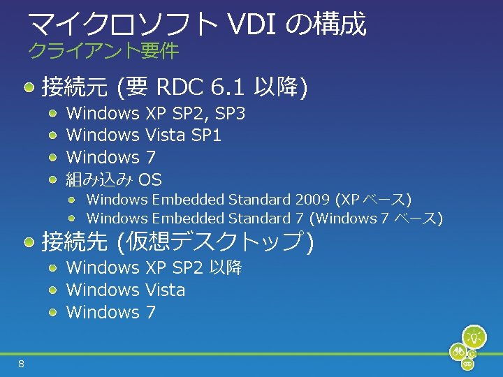 マイクロソフト VDI の構成 クライアント要件 接続元 (要 RDC 6. 1 以降) Windows XP SP 2,