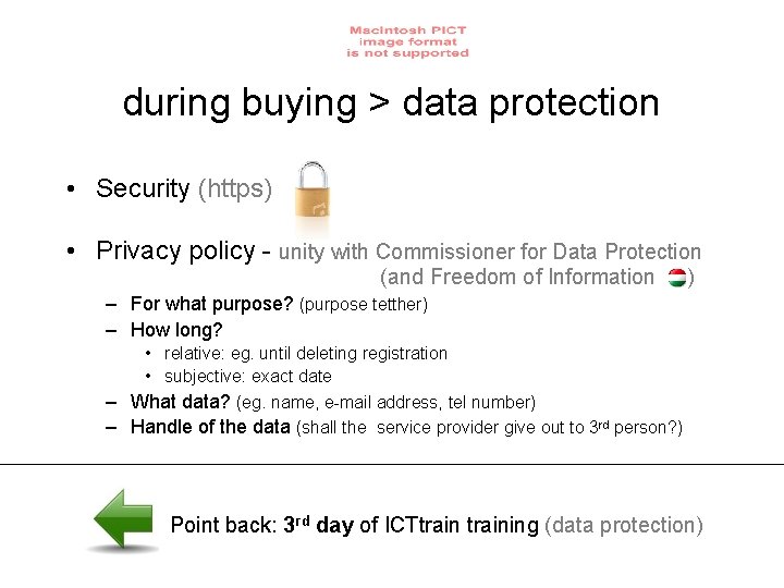 during buying > data protection • Security (https) • Privacy policy - unity with