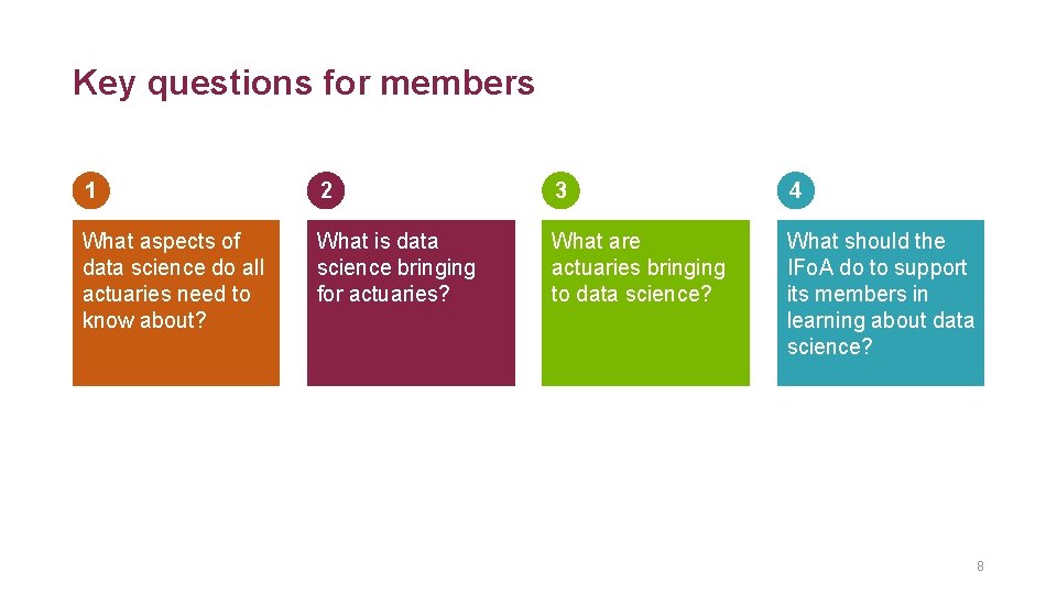 Key questions for members 1 2 3 4 What aspects of data science do