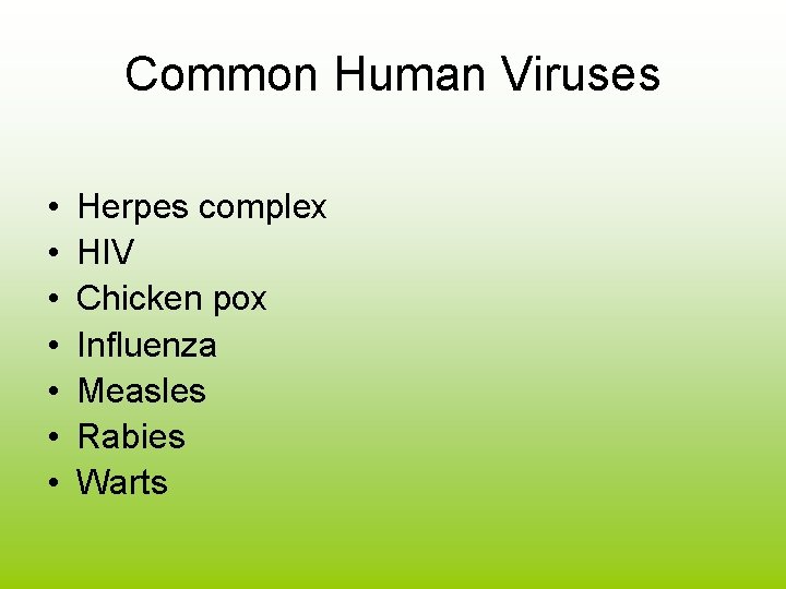 Common Human Viruses • • Herpes complex HIV Chicken pox Influenza Measles Rabies Warts