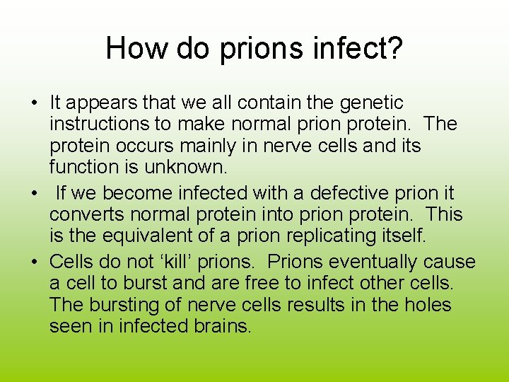 How do prions infect? • It appears that we all contain the genetic instructions