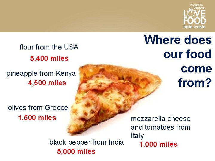 flour from the USA 5, 400 miles pineapple from Kenya 4, 500 miles olives