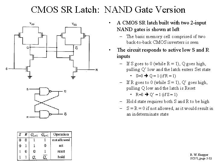 CMOS SR Latch: NAND Gate Version • A CMOS SR latch built with two