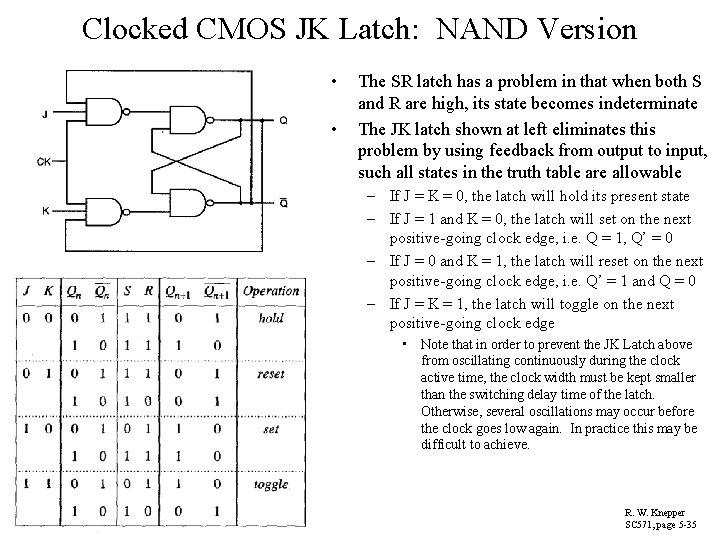 Clocked CMOS JK Latch: NAND Version • • The SR latch has a problem