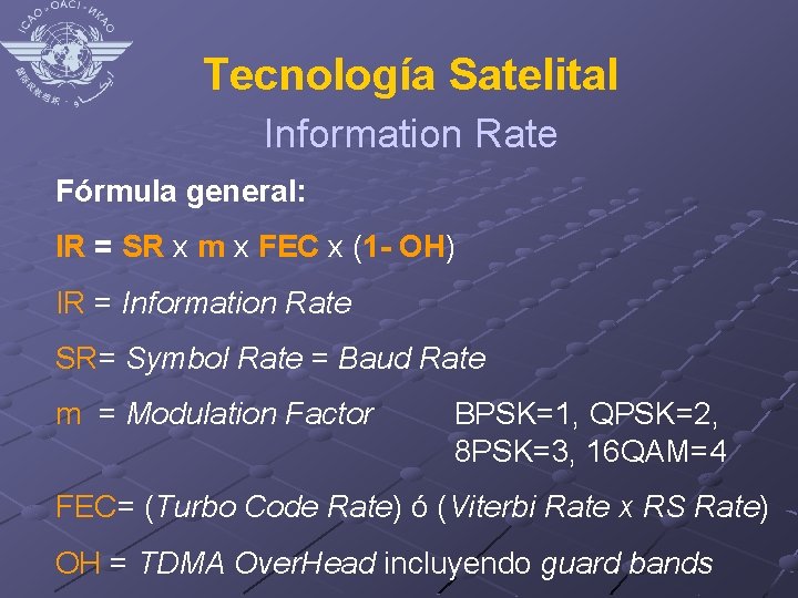 Tecnología Satelital Information Rate Fórmula general: IR = SR x m x FEC x