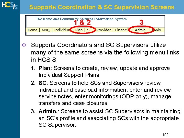 Supports Coordination & SC Supervision Screens 1&2 3 Supports Coordinators and SC Supervisors utilize