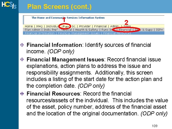 Plan Screens (cont. ) 1 2 Financial Information: Identify sources of financial income. (ODP