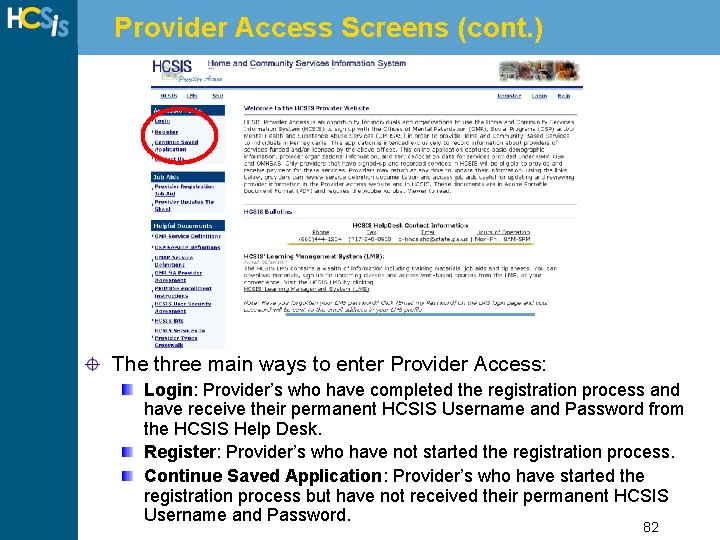 Provider Access Screens (cont. ) The three main ways to enter Provider Access: Login: