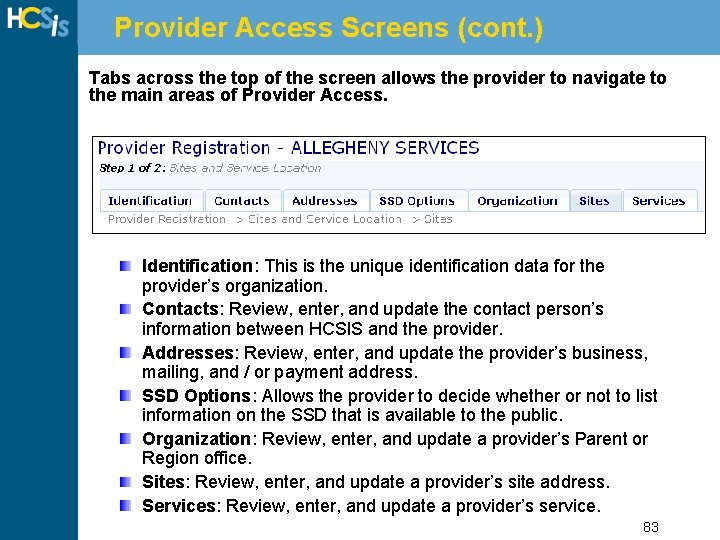 Provider Access Screens (cont. ) Tabs across the top of the screen allows the