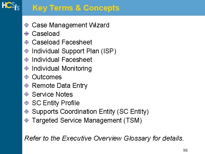 Key Terms & Concepts Case Management Wizard Caseload Facesheet Individual Support Plan (ISP) Individual