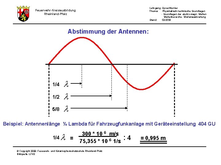 Lehrgang: Sprechfunker Thema: Physikalisch-technische Grundlagen - Grundlagen der elektromagn. Wellenbereiche - Wellenausbreitung Stand: 02/2009