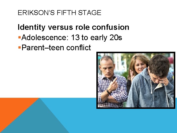 ERIKSON’S FIFTH STAGE Identity versus role confusion §Adolescence: 13 to early 20 s §Parent–teen