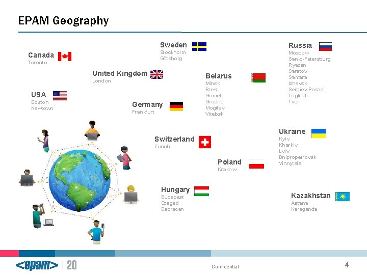 EPAM Geography Sweden Canada Toronto United Kingdom Belarus London USA Boston Newtown Russia Stockholm