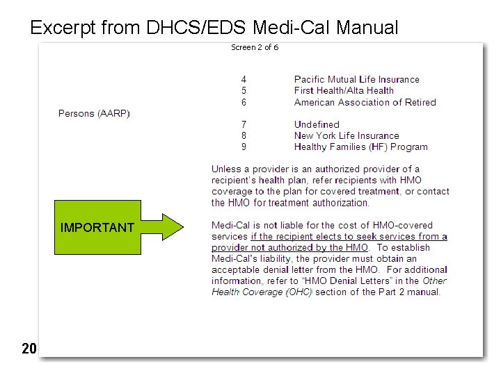 Excerpt from DHCS/EDS Medi-Cal Manual IMPORTANT 20 