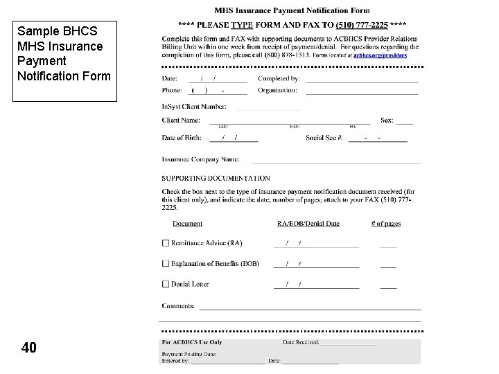 Sample BHCS MHS Insurance Payment Notification Form 40 