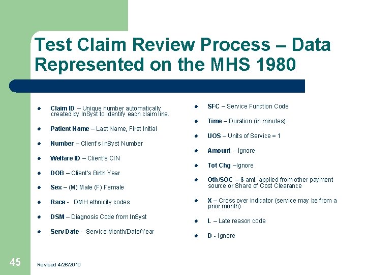 Test Claim Review Process – Data Represented on the MHS 1980 l l l